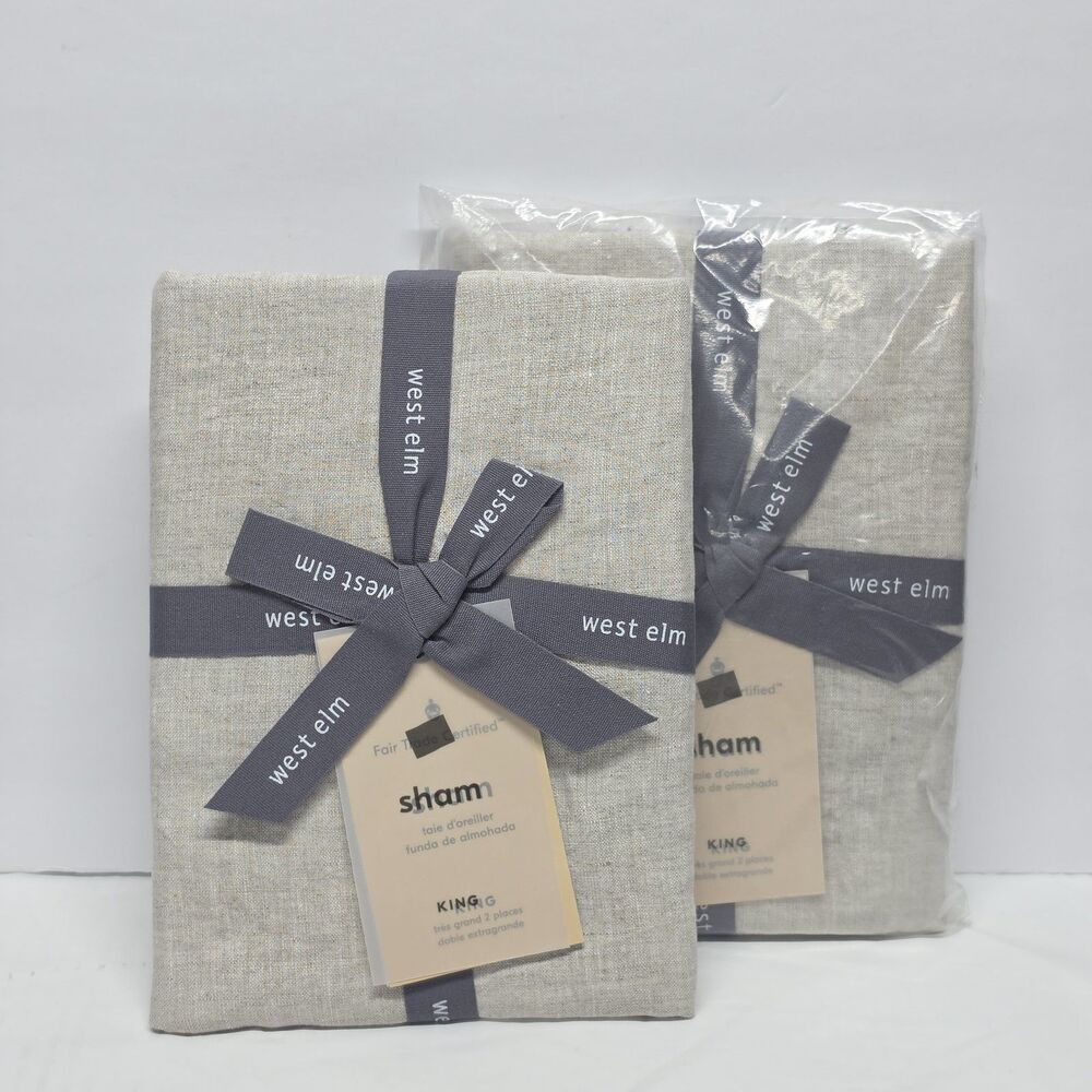 New West Elm Belgian Flax Linen Light Gray KING Sham Pillowcase Set Of 2